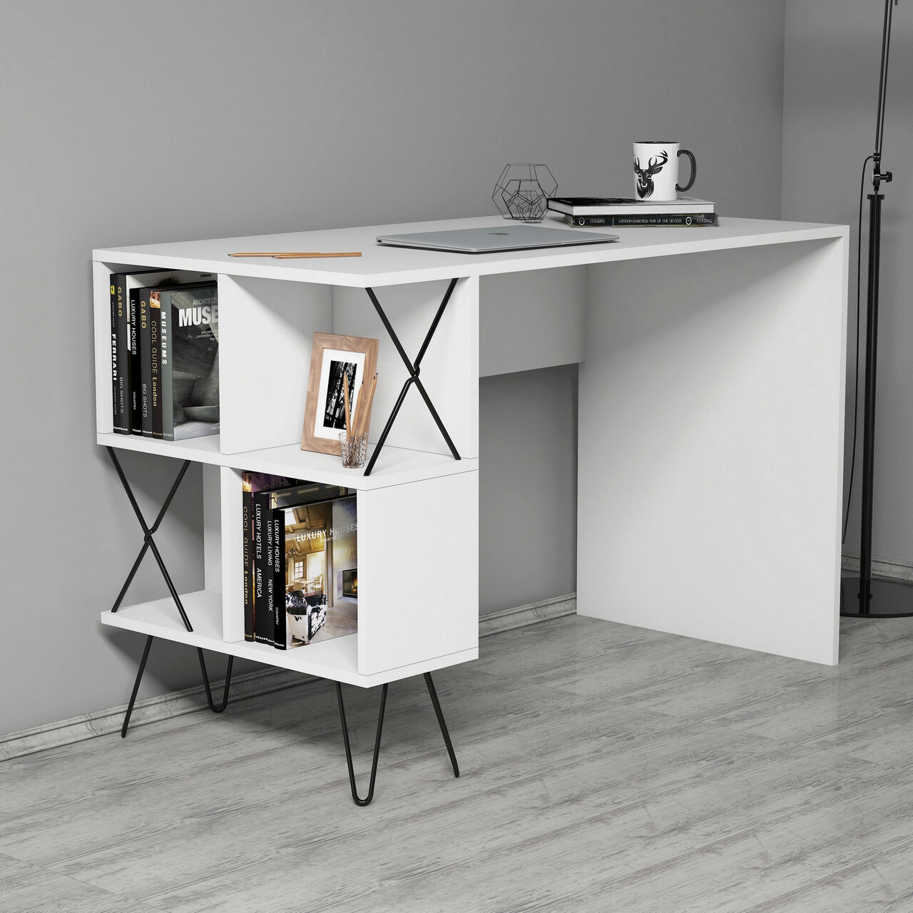 Birou, Hanah Home, Extra, 120x78.8x60 cm, Alb/Negru - imagine 5